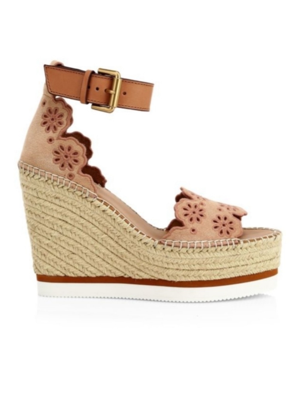 See By Chloé Pink Suede Floral Cutout Espadrille Wedge